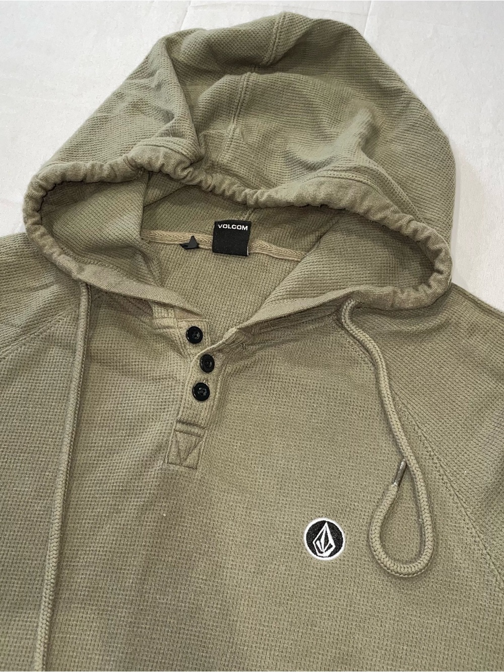 Volcom Stone Mens Olive Green Waffle Knit Henley Hoodie Thermal Shirt Small